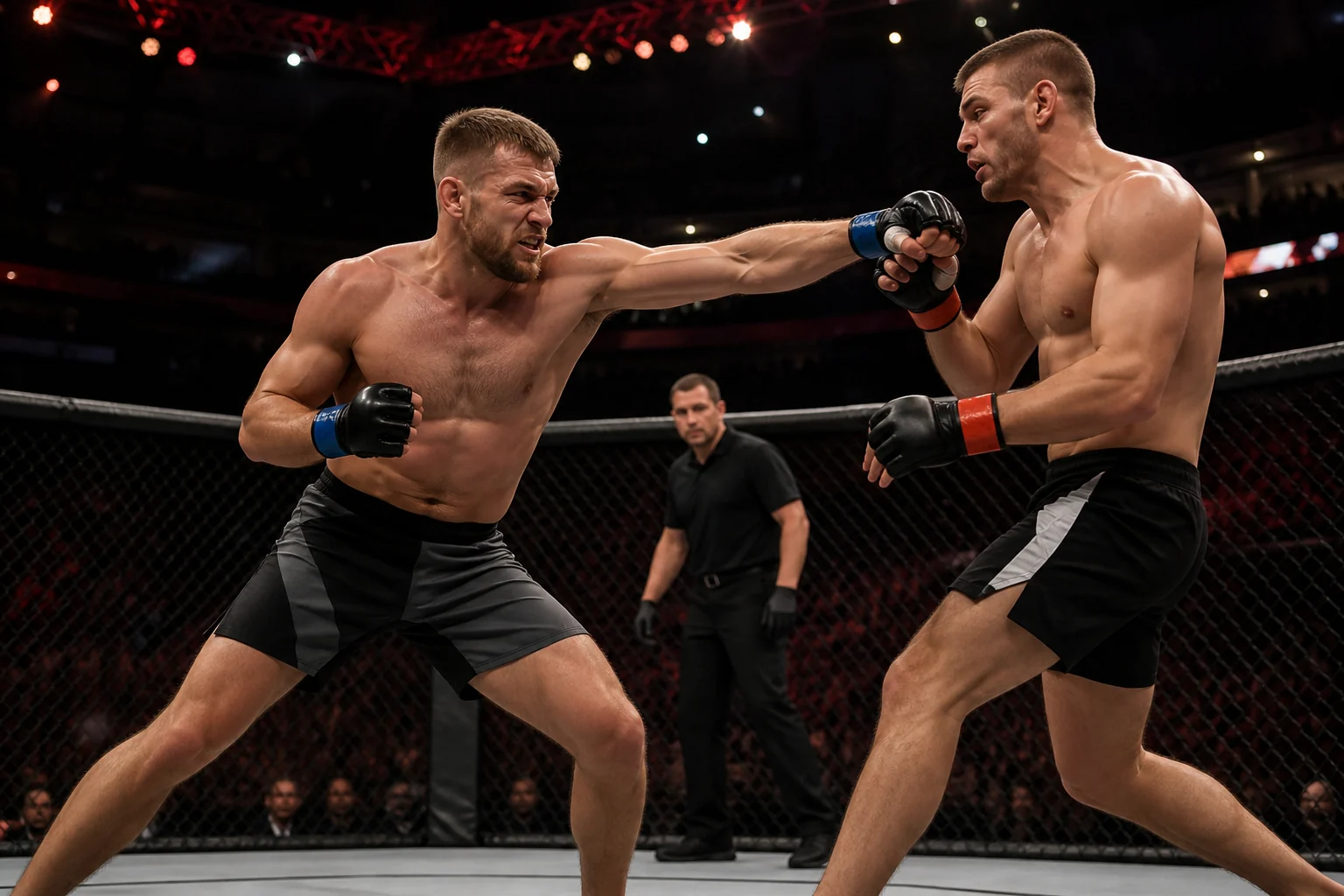 Two MMA fighters competing inside an octagon cage at a live arena